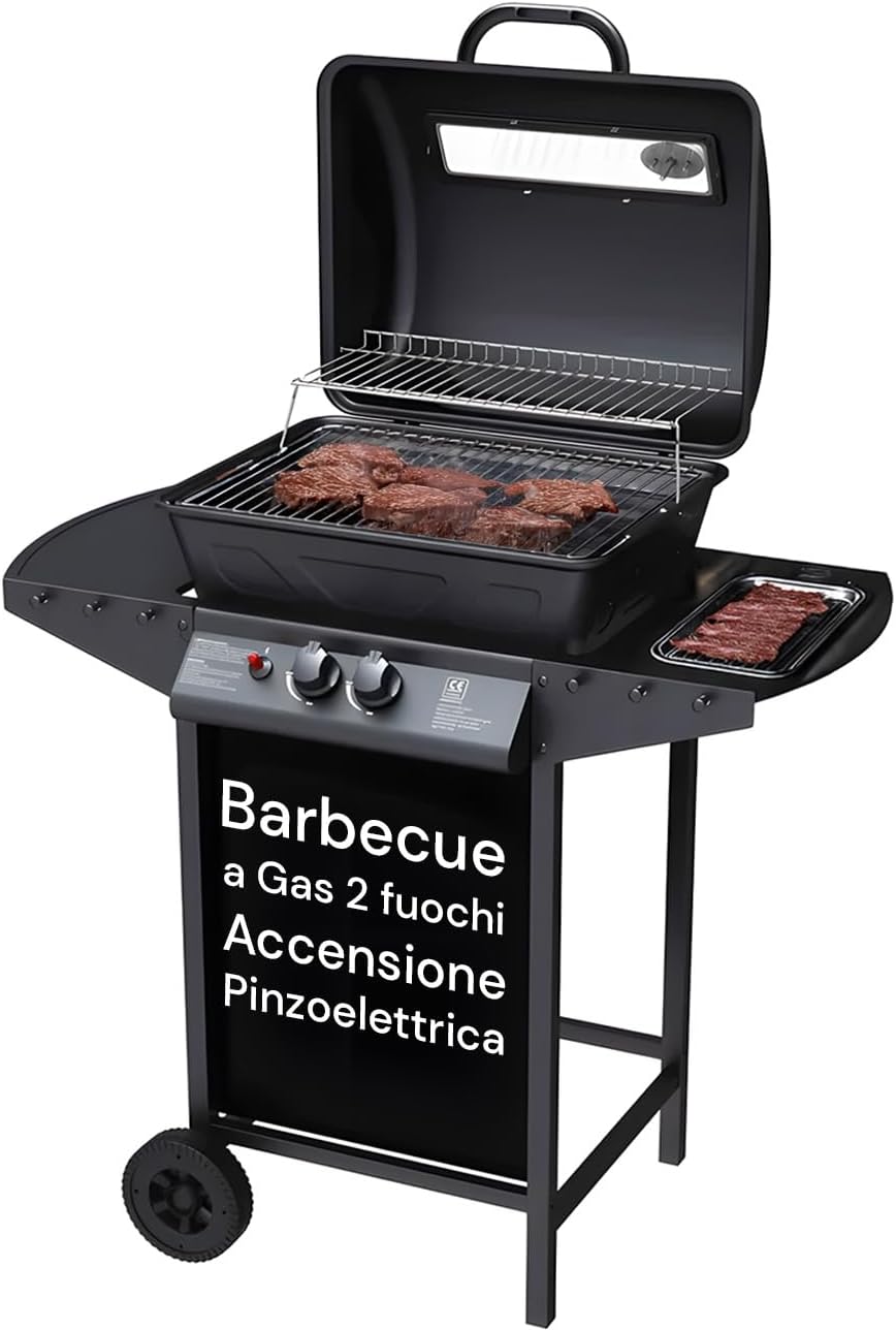 Avilia Barbecue a Gas 2 Fuochi John – BBQ da Esterno in Acciaio Nero Opaco con Griglia Inox, Termometro, Cappa, Ruote e Accensione Piezoelettrica, Barbecue a Gas Esterno Compatto