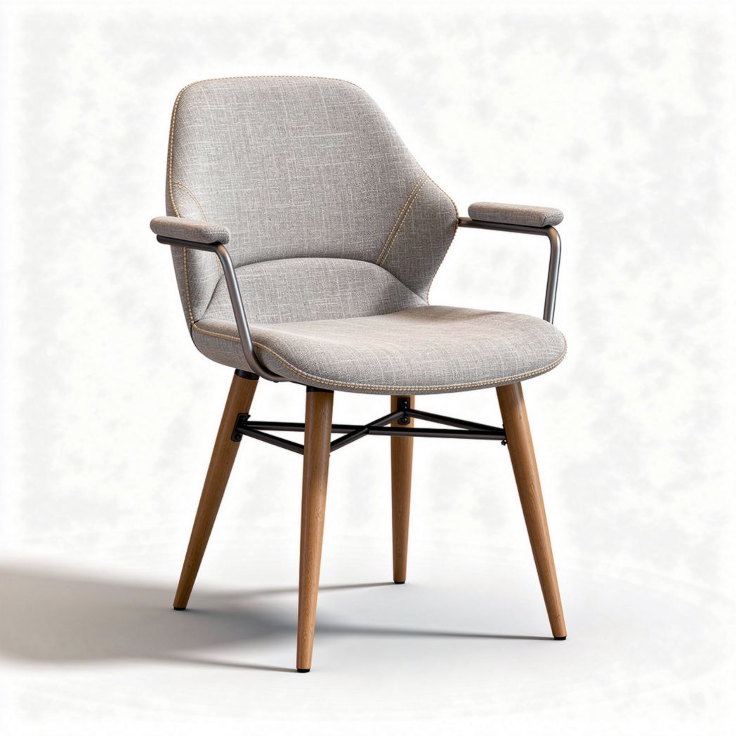 Sedia moderna in tessuto grigio con braccioli e struttura in legno 45 x 50 x 80cm