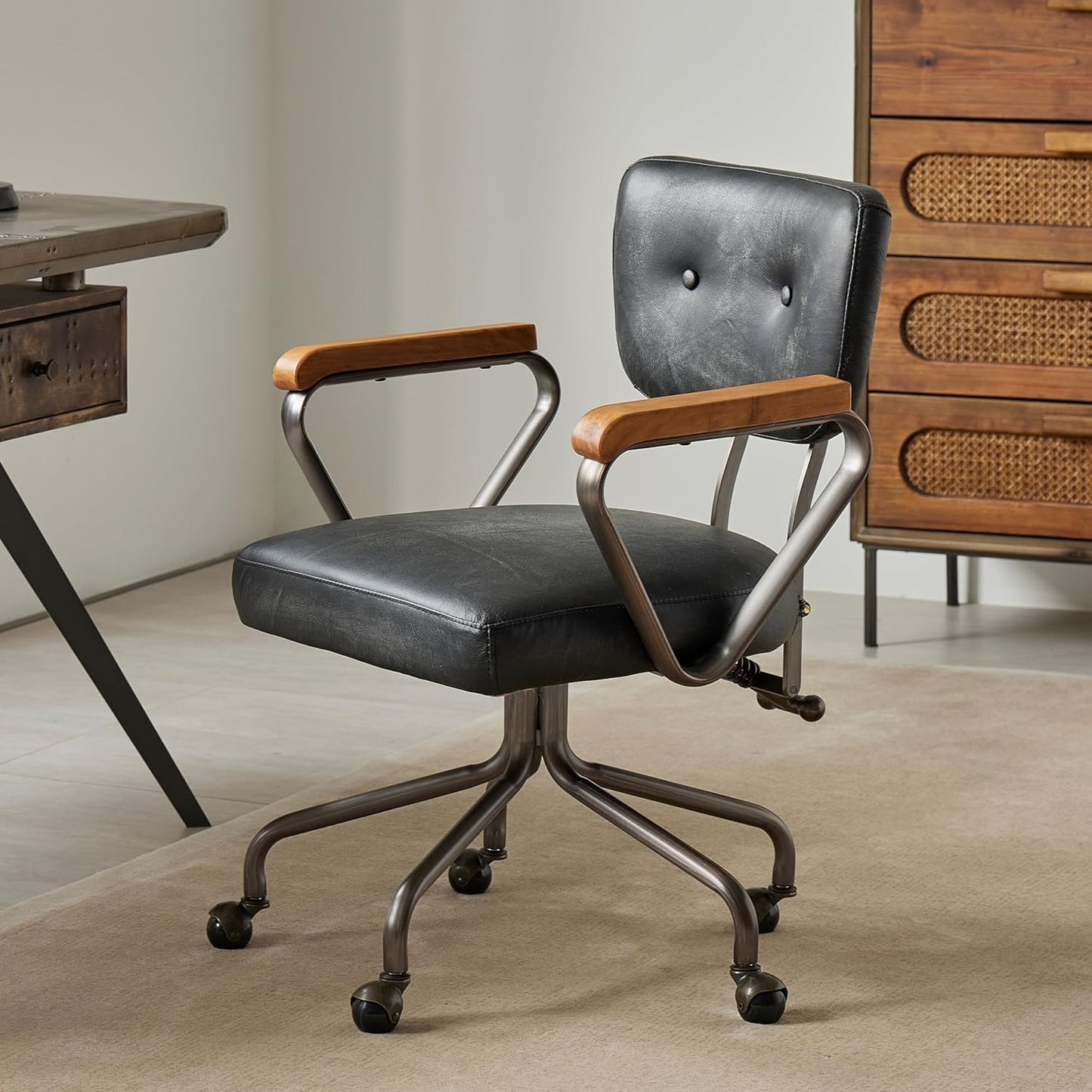 Sedia da Ufficio per Home Office in Pelle Vera Stile Mid-Century, Sedia Girevole con Schienale Reclinabile, Design Vintage Industriale, Nera