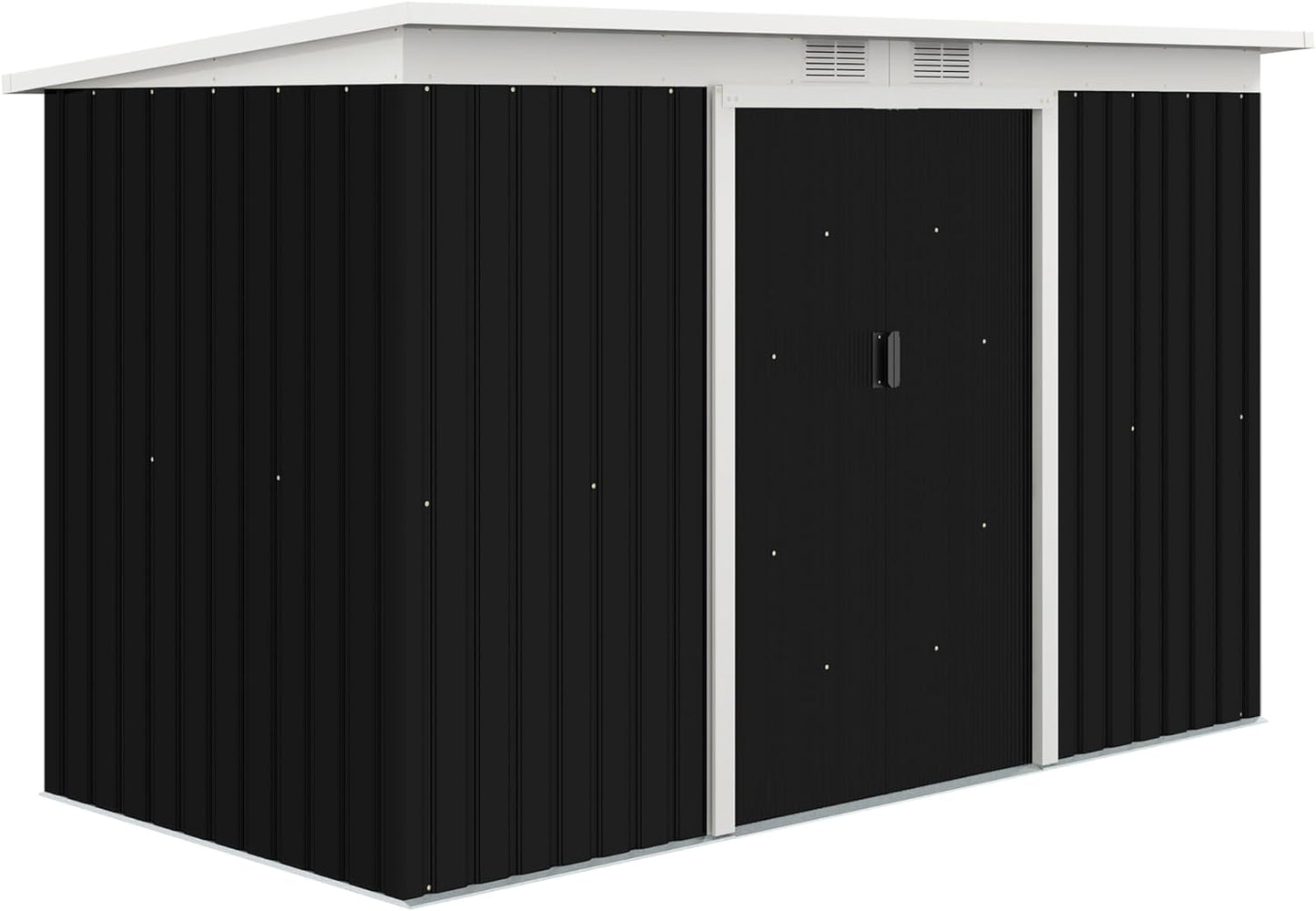 Outsunny Casetta da Giardino 3.2m² in Acciaio Zincato con Kit Fondazione, Prese d'Aria, Capanno Porta Attrezzi con Tetto Inclinato, Doppia Porta Scorrevole Bloccabile, Grigio-Nero
