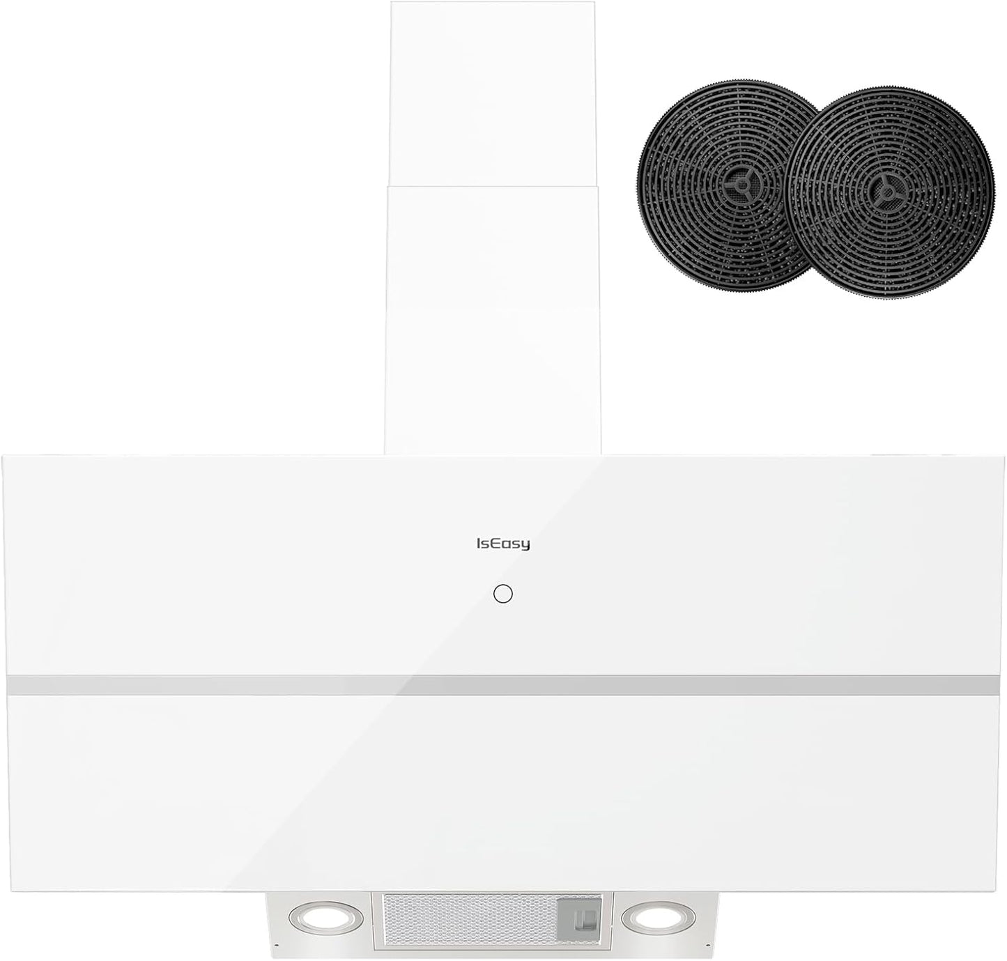 IsEasy Cappa Cucina, Cappa Aspirante 90 cm, 571 m³/h Aspirazione, 4 Livelli di Regolazione, Staffa Inclinazione 45°, 1-9 Min Spegnimento Ritardato, 61dB, Bianco, Efficienza A++