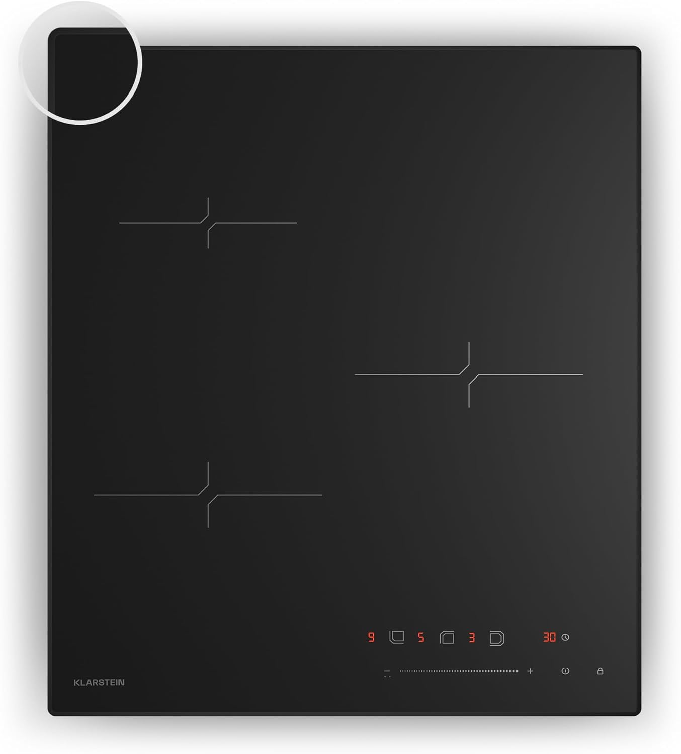 Klarstein Velaire Piano Induzione 45cm - 3 Zone, 5500W, Cursore Touch, Timer, Blocco Bambini, Calore Residuo, Vetro Nero, Piastra Induzione Compatta per Cucina Moderna