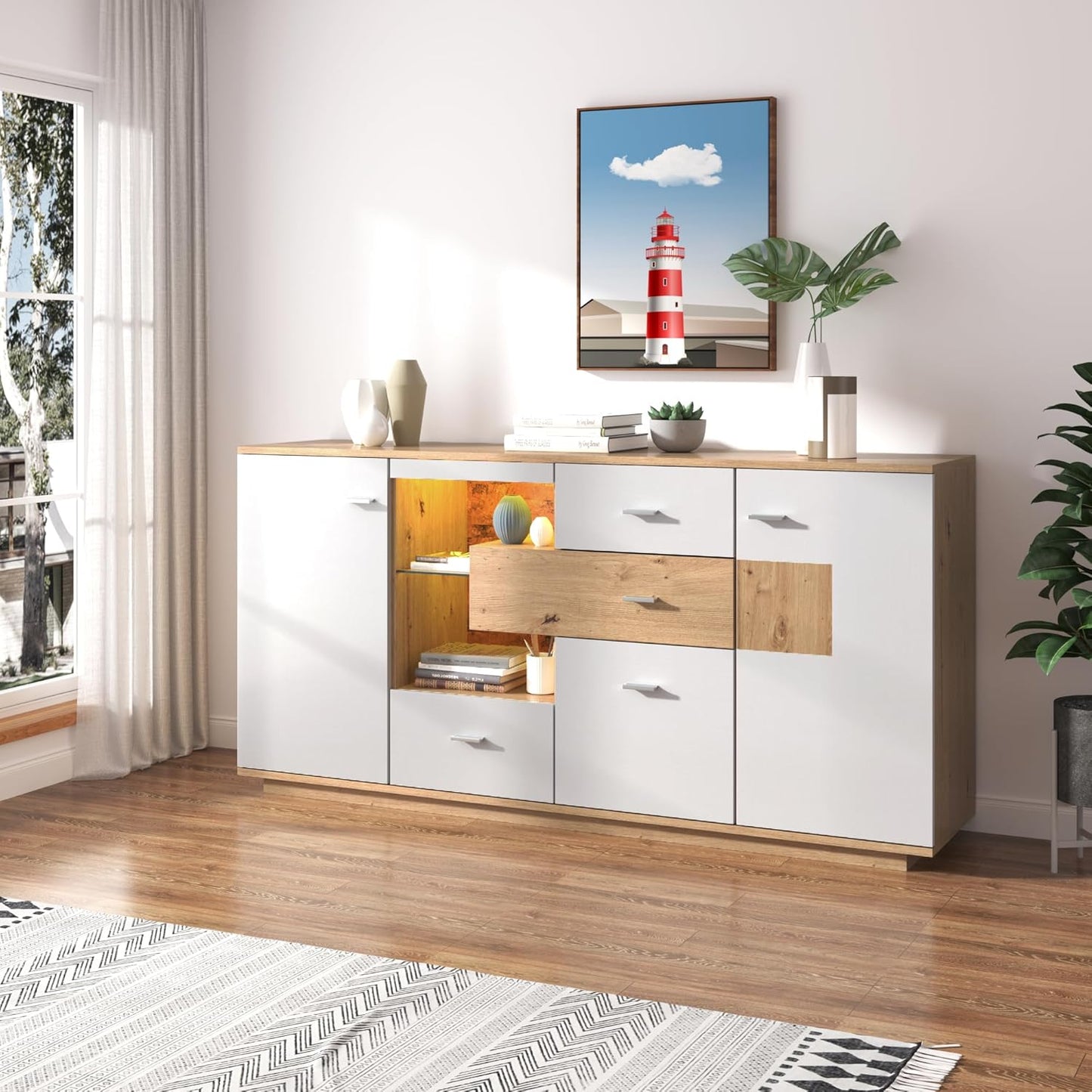 Mobile Contenitore Credenza con LED, Madia Mobile da Cucina con 2 Ante e 4 Cassetti, Mobile Dispensa Cucina Buffet da Cucina per Soggiorno Cucina Sala da Pranzo, 160x40x77 cm, Bianco Natur