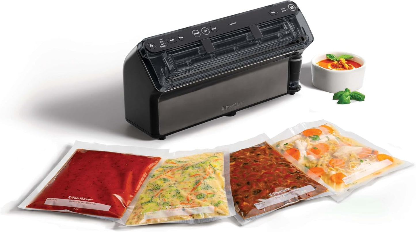 FoodSaver Sigillatore Elite Tutto in uno Liquido+ Alimenti freschi fino a 5 volte più lungo* Sigillatura liquida Con 1 rotolo (28 cm x 2,43 m) 4 sacchetti di sigillatura sottovuoto (0,94 3,78 l