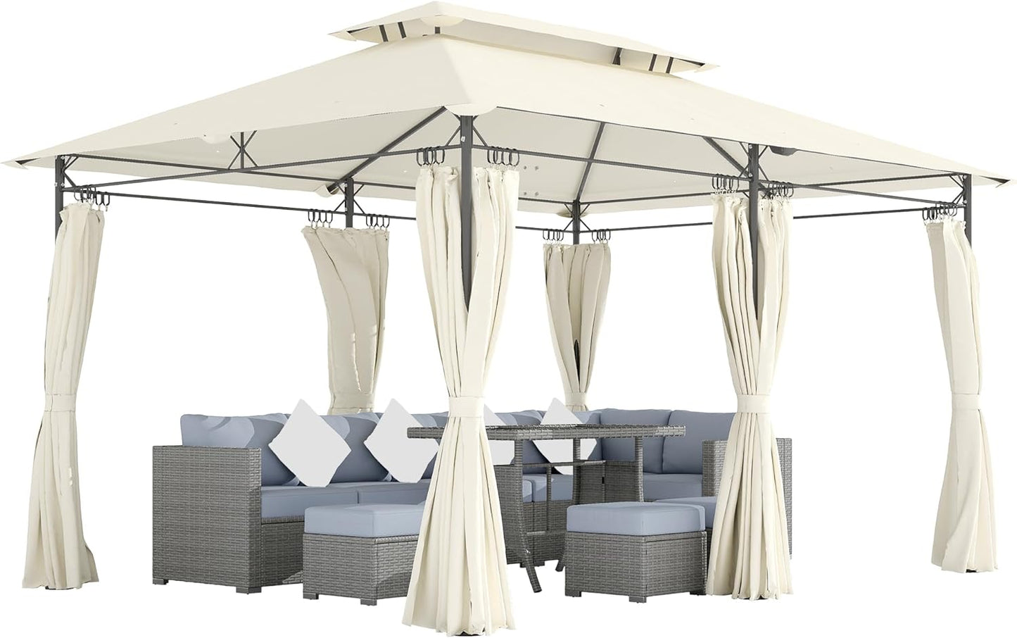 Outsunny 3x4m Garden Gazebo with Removable Tents, Double Roof and 8 Drainage Holes, Outdoor Metal and Polyester Gazebo for Garden, Balcony, Party, Camping, Cream