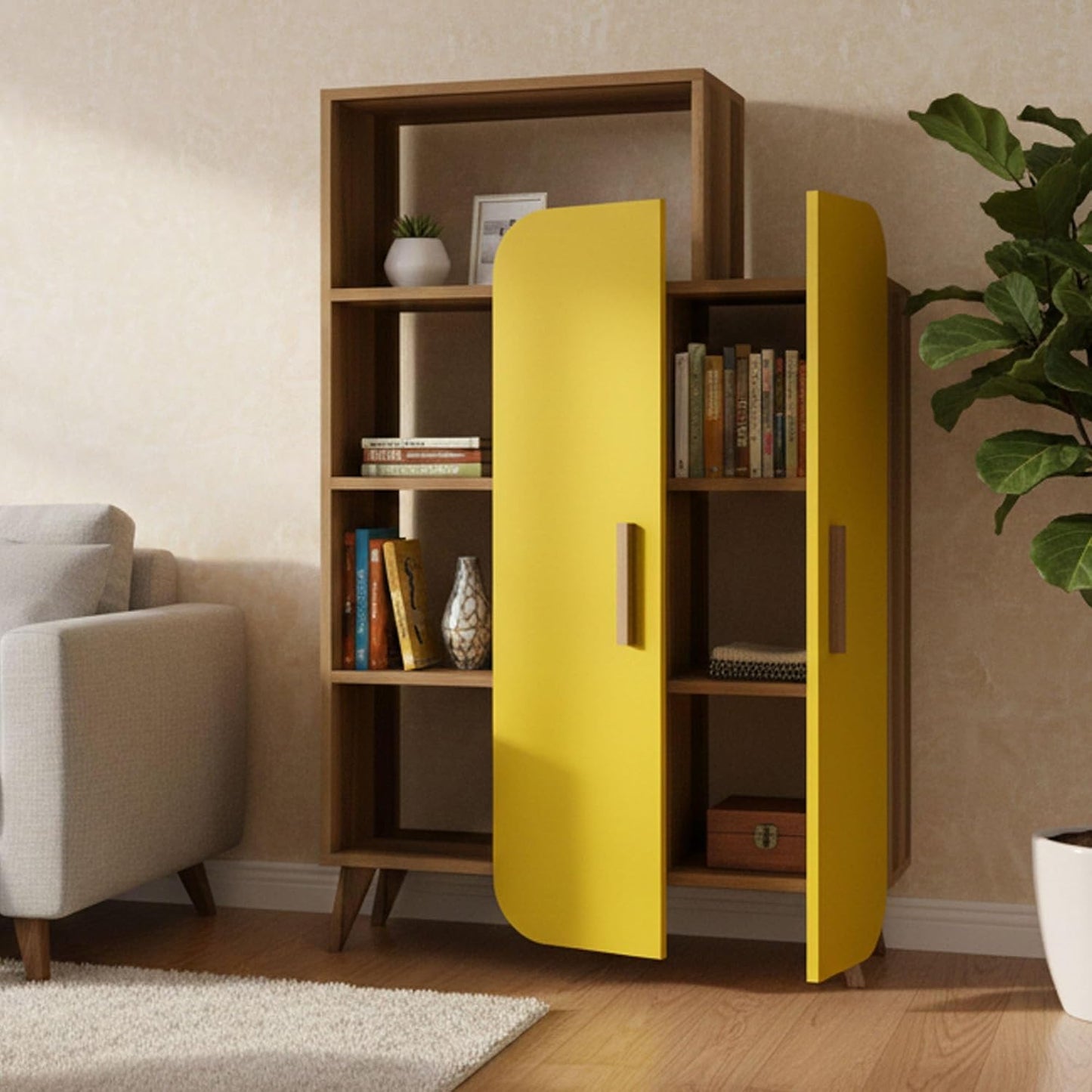 Dmora - Libreria Enceladus, Scaffale da Ufficio, Mobile portalibri, Biblioteca, 90x32 h132 cm, Noce e Giallo