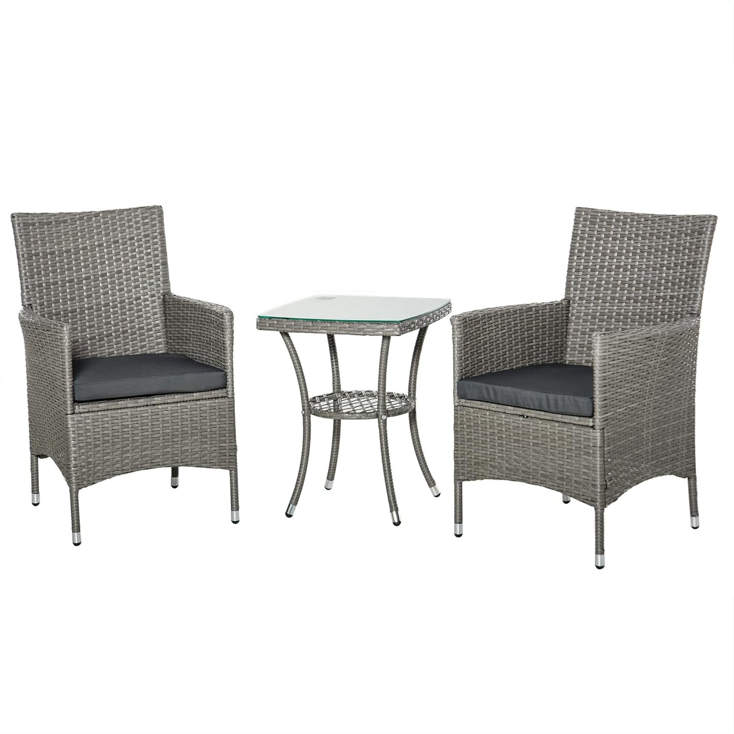 Outsunny Outdoor Garden Set 3 Pieces in PE Rattan and Steel, Set of 2 Chairs with Washable Cushions, Armrests, Coffee Table with Glass Top, Living Room Garden Balcony Patio Courtyard, Grey