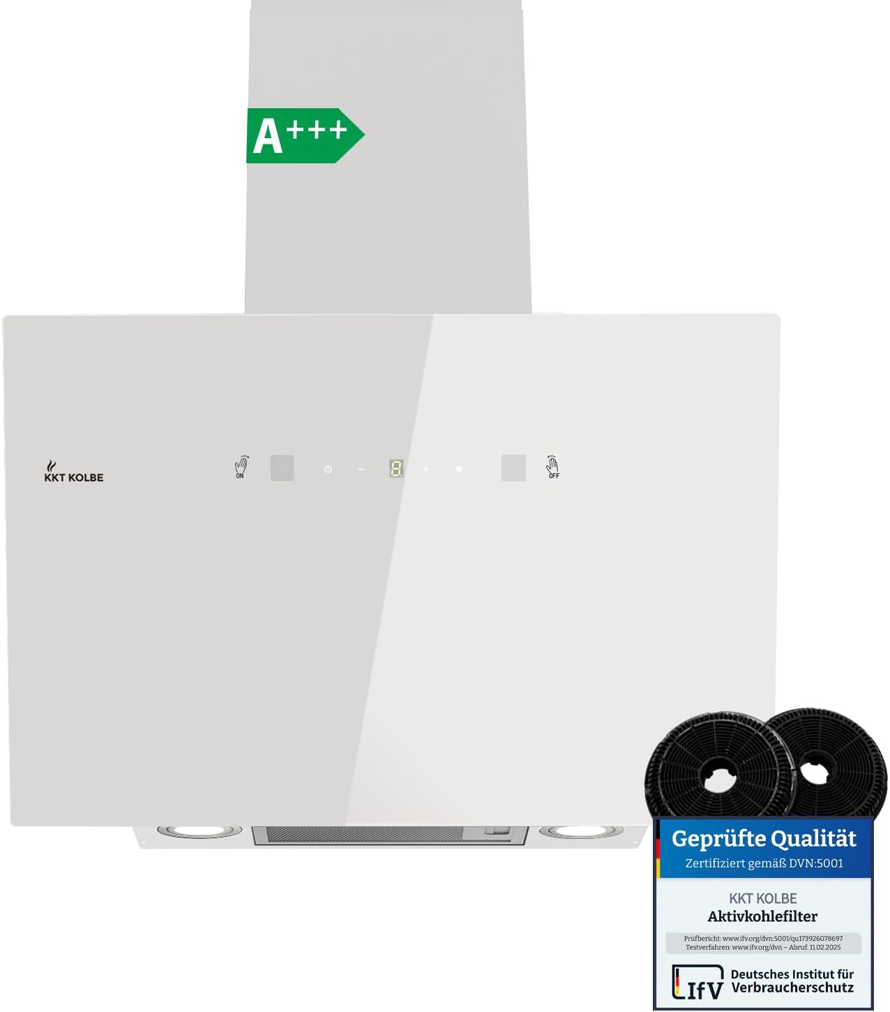 KKT KOLBE TRIO6025W - Cappa aspirante da 60 cm, 782 cbm/h, cappe da parete senza testa, colore bianco, vetro, controllo gestuale, funzionamento SensorTouch, illuminazione a LED