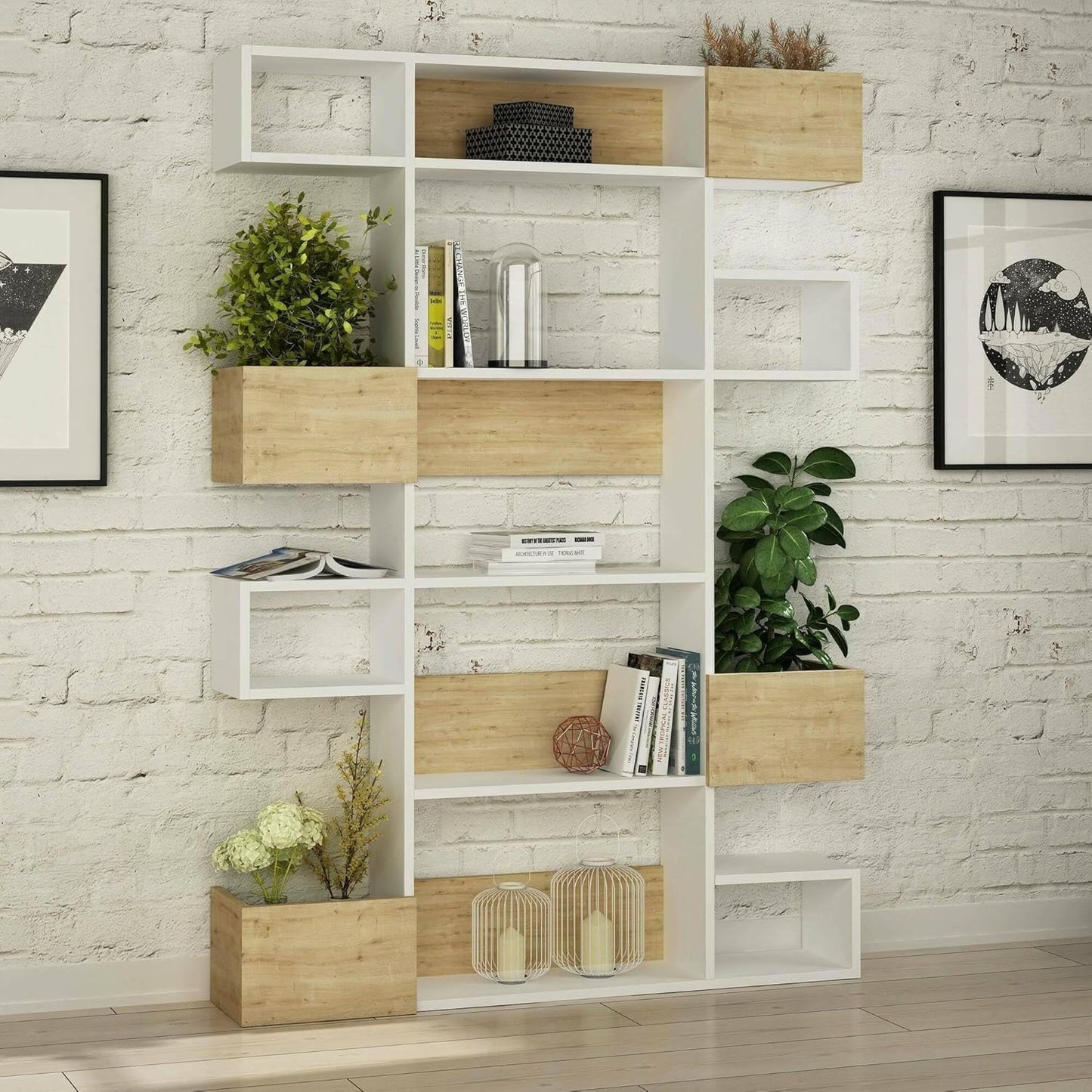 Dmora - Libreria Thetis, Scaffale da Ufficio, Mobile portalibri, Biblioteca, 120x25h171 cm, Bianco e Rovere
