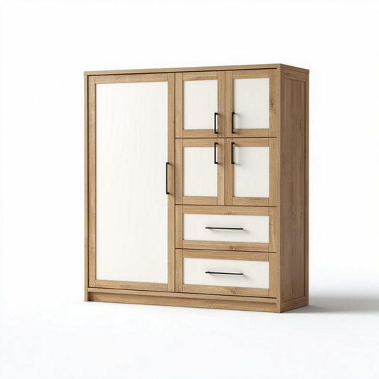 Armadio in legno color rovere con ante bianche e cassetti 100 x 50 x 150cm