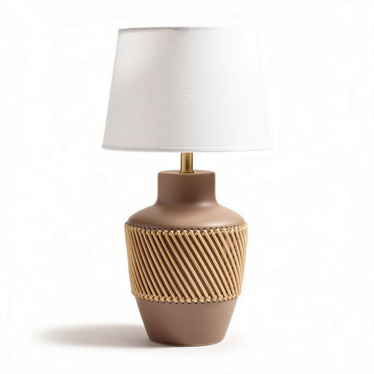 Lampada da tavolo in ceramica marrone con paralume bianco e decorazione in bambù 30 x 30 x 50cm