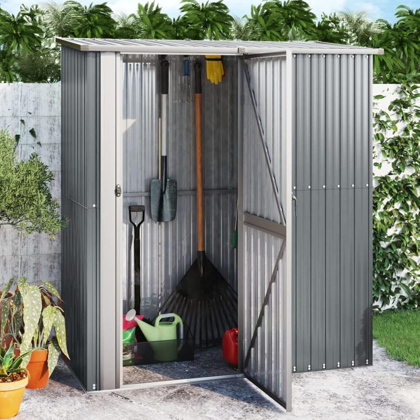 Gecheer Casetta da Giardino Grigio, 180,5x97x209,5 cm, Capanno Attrezzi Acciaio