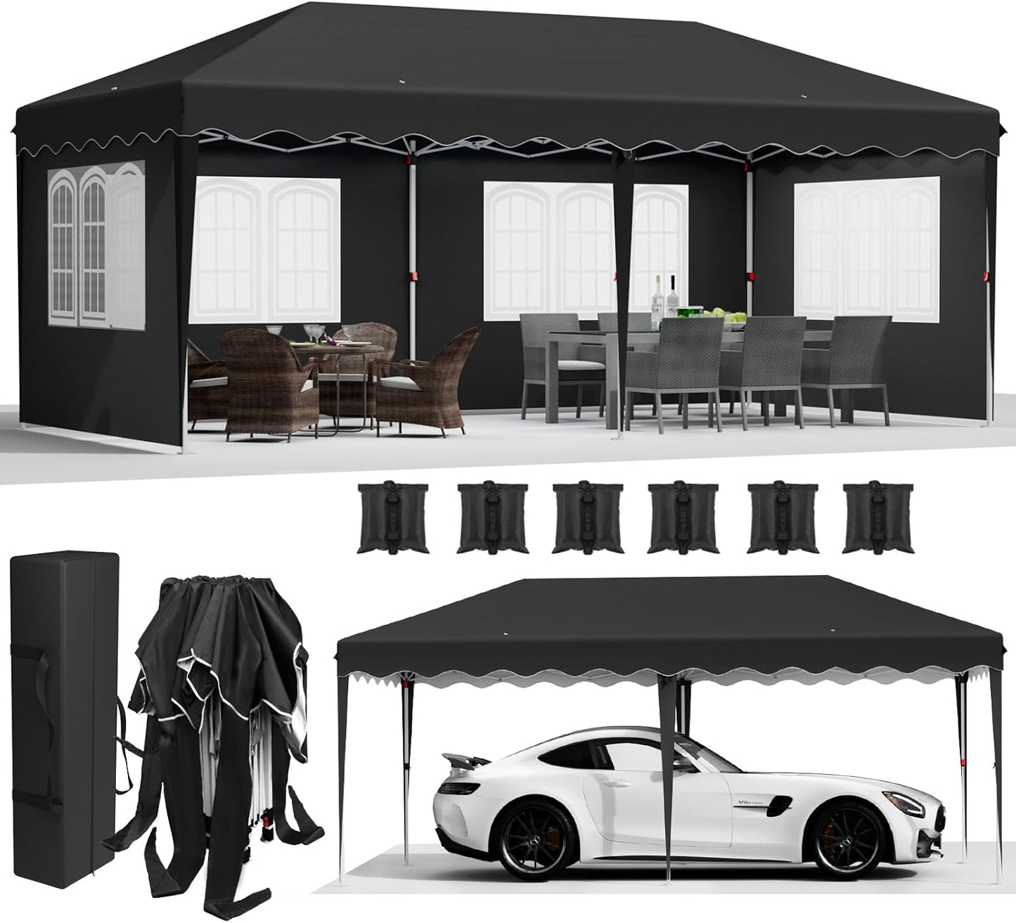 3x6 Folding Gazebo with 4 Side Parts, 6 Pieces Sandbag Waterproof 420D Oxford Thickening Anti UV 50+ Carry Bag for Gardens, Parties, Weddings, Black