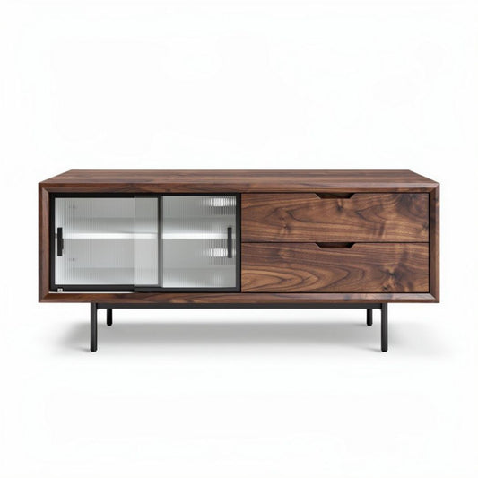 Mobiletto in legno di noce con ante in vetro temperato e due cassetti 150 x 40 x 55cm