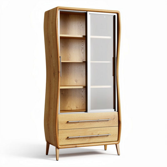 Armadio in legno di rovere con ante in vetro e due cassetti 60 x 40 x 150cm