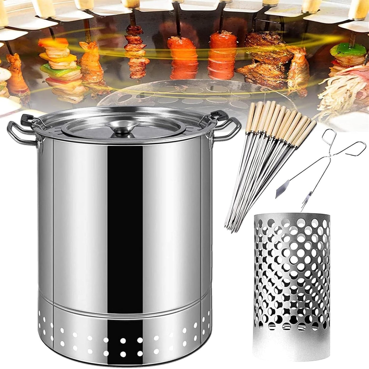 Barbecue Verticale a barile, fornello sospeso, affumicatore, Barbecue a carbonella, Barbecue in Acciaio Inox, Barbecue a barile in Rete (Argento 30 * 30 * 41 cm)