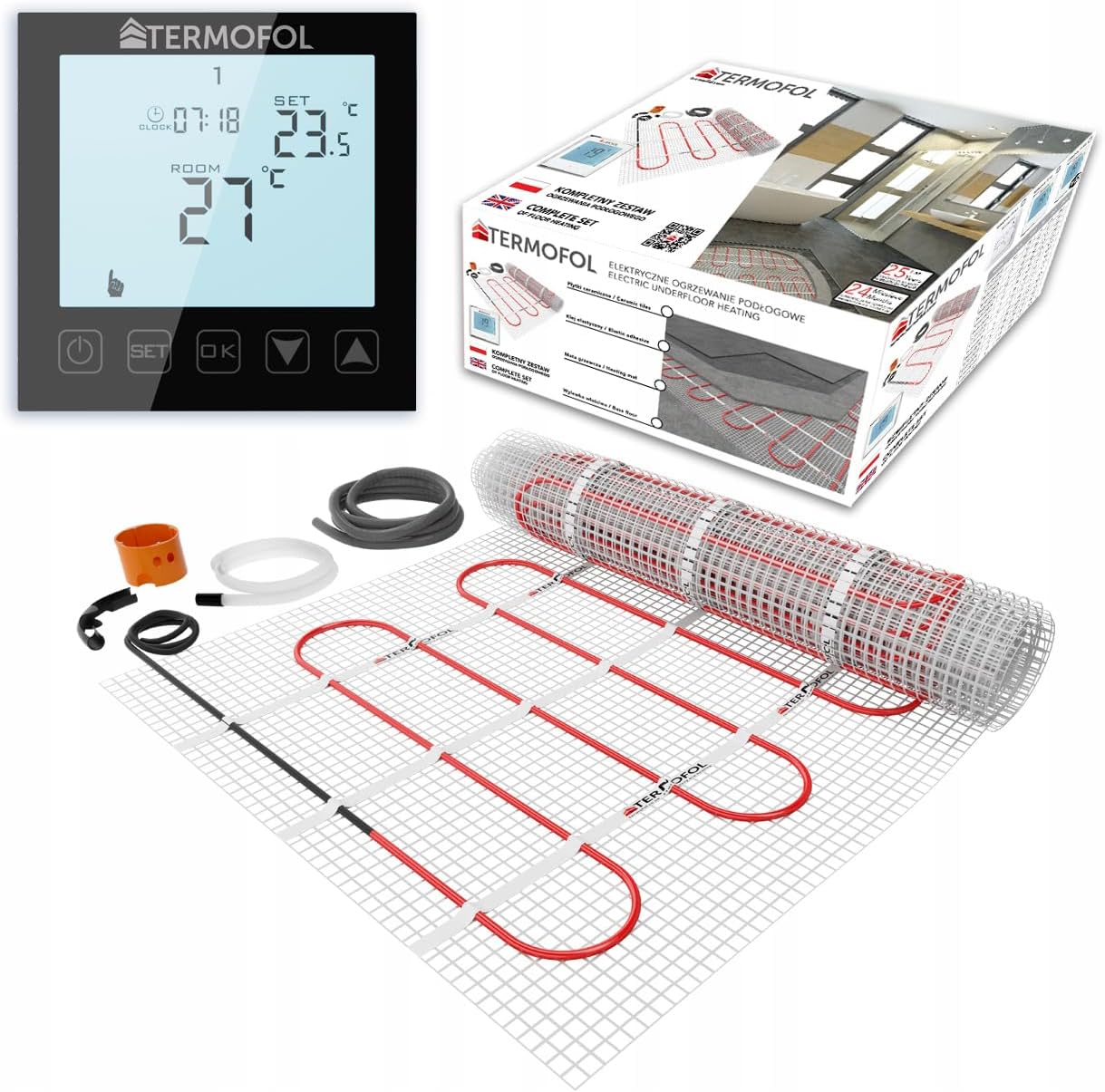 Termofol Kit Riscaldamento a Pavimento con Termostato - Riscaldamento Elettrico a Pavimento - Superficie - 5 m² - Potenza 150W/m², per Bagno, Soggiorno e Cucina - Termostato - H1 Nero