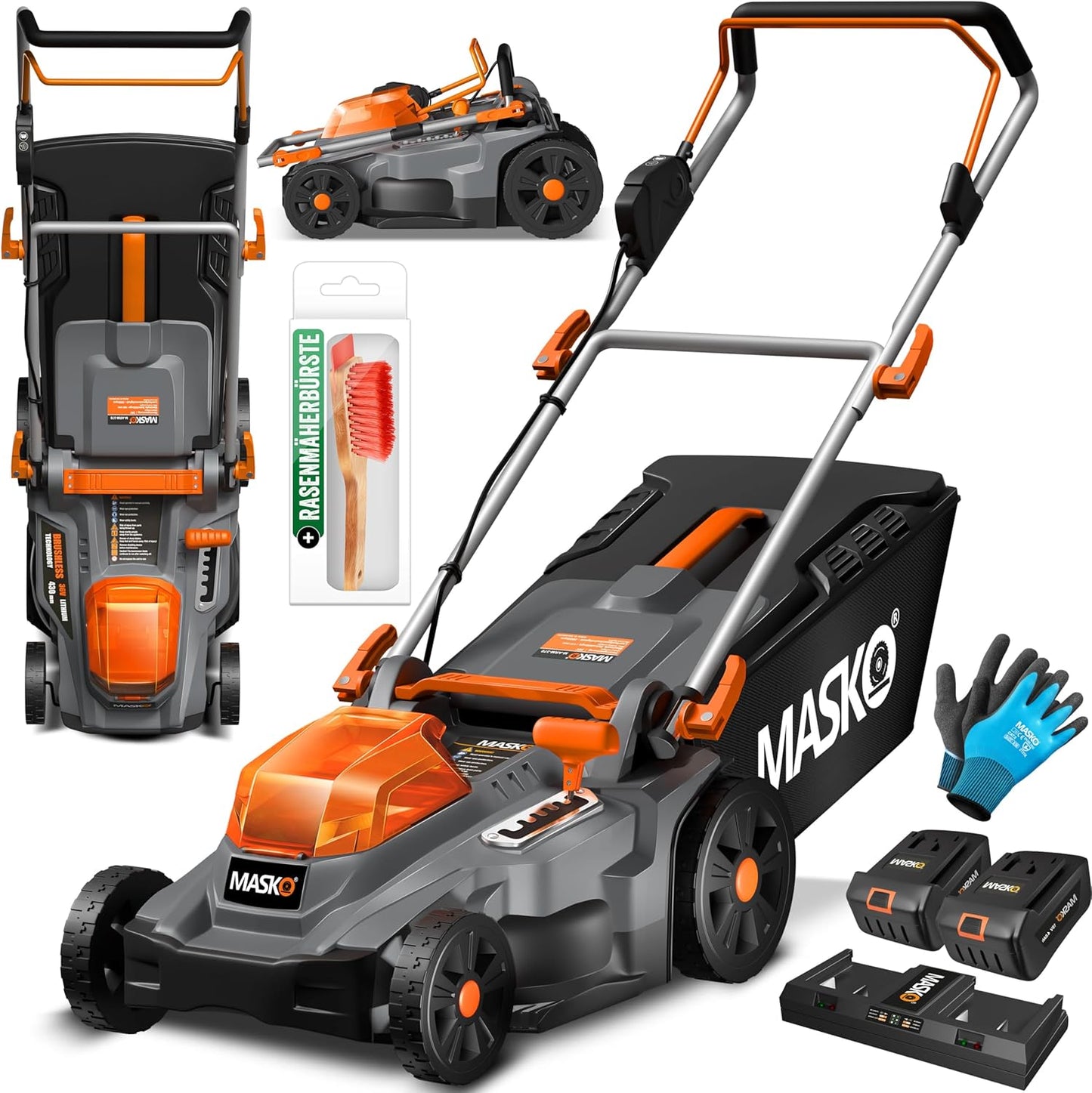 MASKO® Tosaerba a batteria con funzione pacciamatura, con 2 batterie agli ioni di litio da 4 Ah e doppio caricabatterie, larghezza di taglio 37 cm, 6 volte 25-75 mm, 55L fino a 650m²