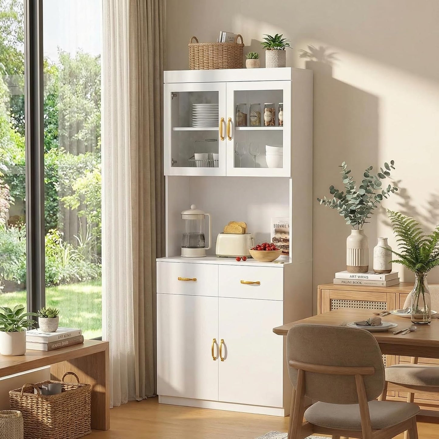 VOWNER Credenza Cucina Alta, Cucina Dispensa, Mobile Buffet, Mobile Dispensa con 4 Armadietti, Armadio Dispensa, 2 Ripiani Regolabili, MDF, 80L x 40W x 181H cm (Bianco)