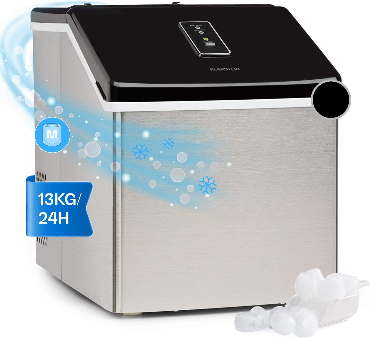 Klarstein Macchina Ghiaccio 2.5L, Macchina del Ghiaccio Professionale, Fabbricatore Ghiaccio Secco Alimentare per Cocktail 13kg, Cubetti Trasparenti di Medie Dimensioni, Macchina Ghiaccio Casa
