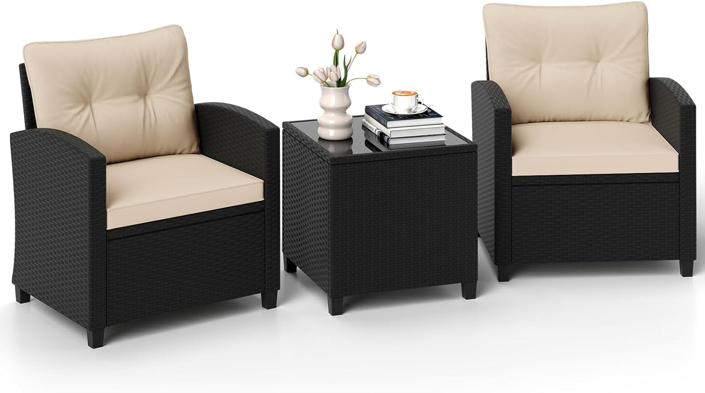 GIANTEX 3 Piece Furniture Set, Garden Chairs with Coffee Table with Tempered Glass Top, Backrest and Seat Cushions, PE Rattan Bistro Set for Porch (Brown)